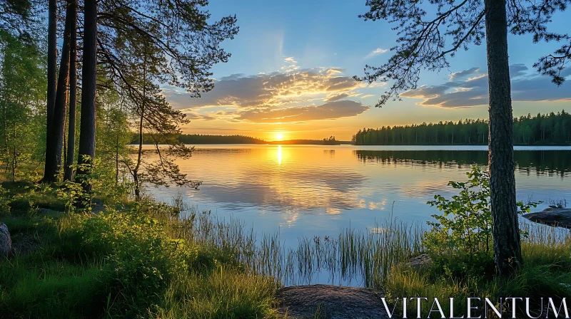 Serene Lake Sunset with Tree Silhouettes AI Image