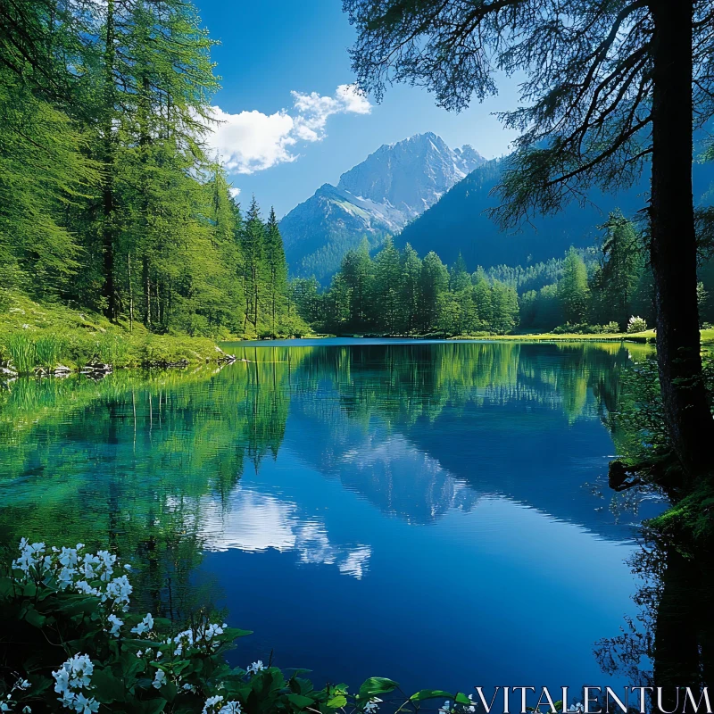 Peaceful Lake Scene with Mountains and Forest AI Image