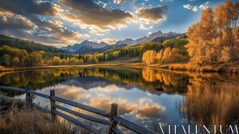 Tranquil Autumn Lake with Mountain View AI Image