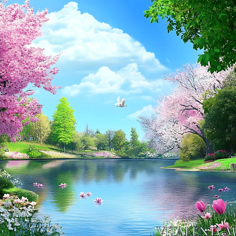 Peaceful Spring Lake with Blossoming Trees and Flowers AI Image