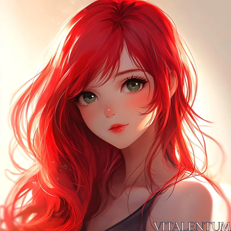 Red-Haired Anime Girl with Expressive Green Eyes AI Image