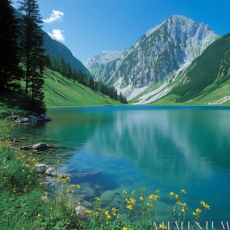 Mountain Lake with Clear Blue Water and Green Landscape AI Image