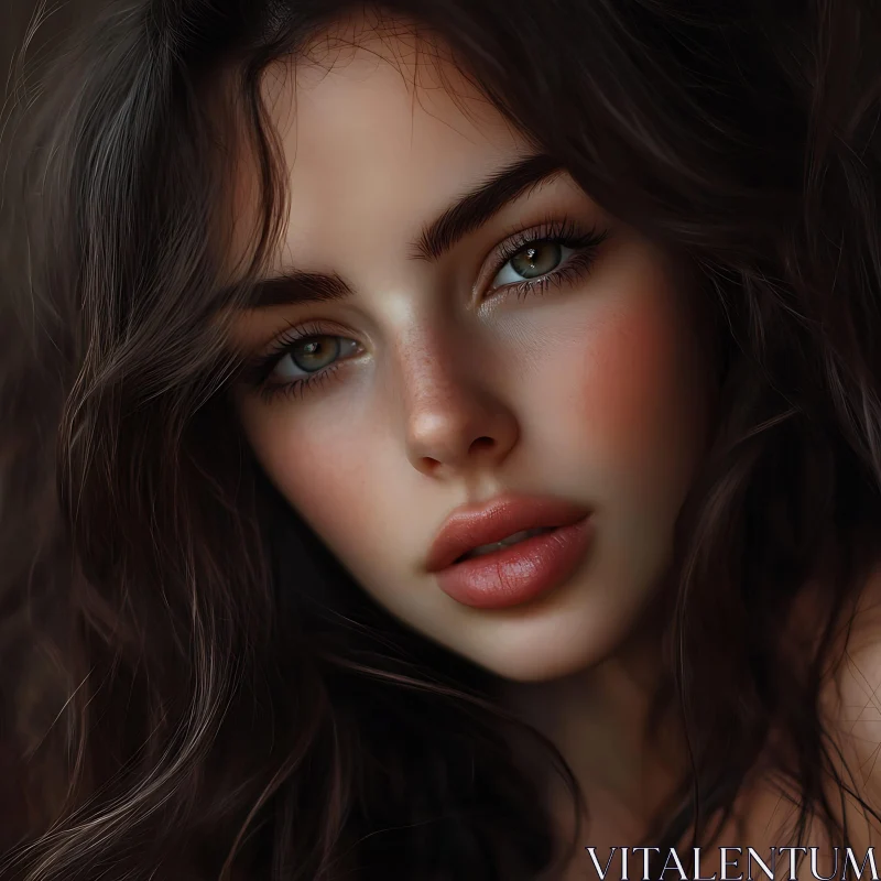 Expressive Female Portrait with Green Eyes and Soft Makeup AI Image