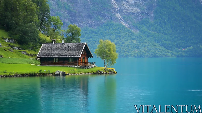 Tranquil Cabin by the Lake with Mountain Views AI Image