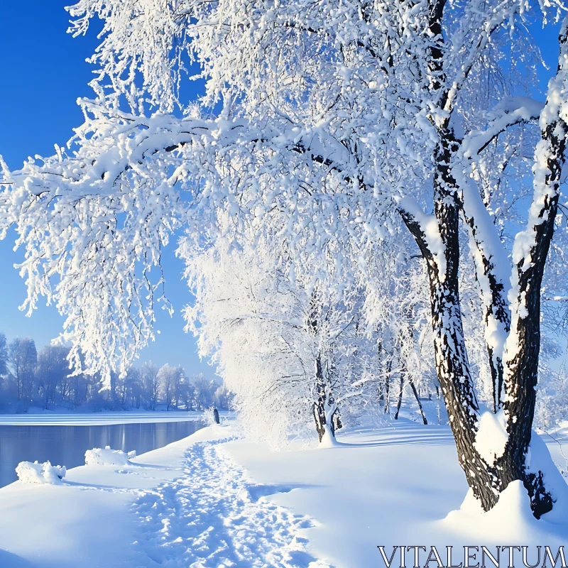 Snowy Winter Path by the Lake AI Image