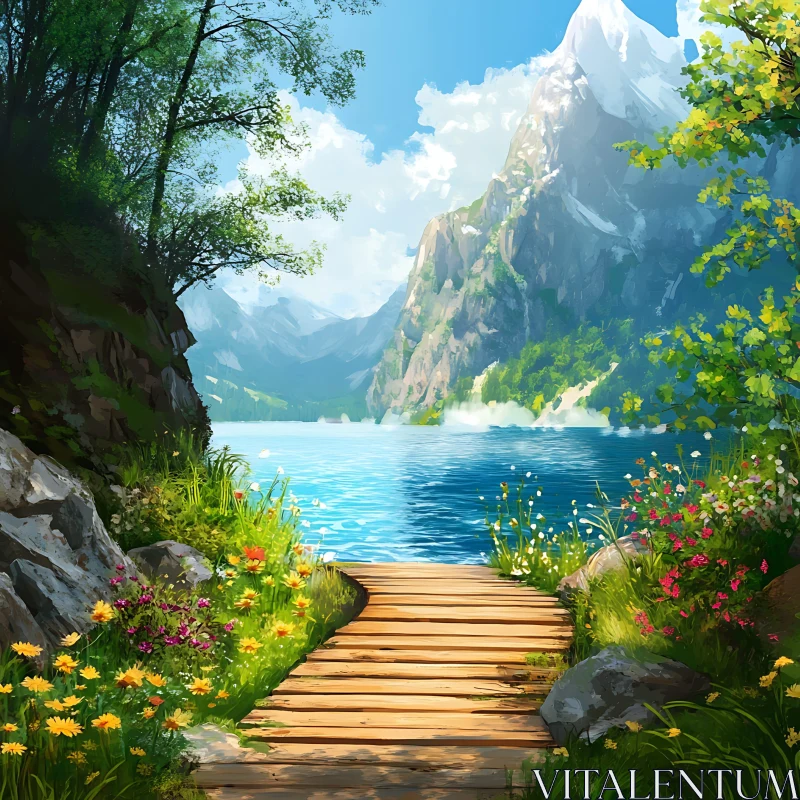 Peaceful Garden Path to a Mountain Lake AI Image