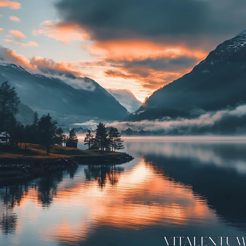 Calm Lake Amidst Mountain Setting AI Image