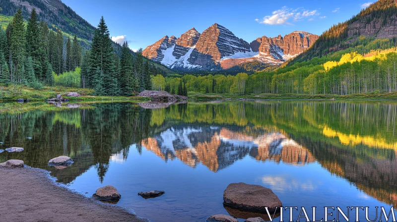 AI ART Mountain Peaks Reflecting in Tranquil Lake