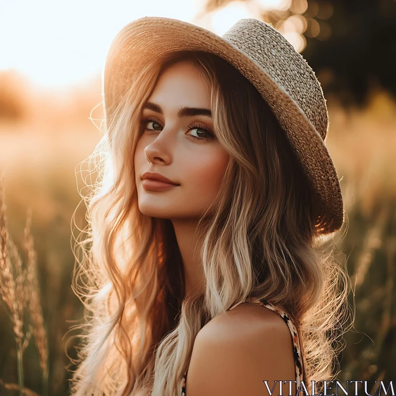 Young Woman with Straw Hat in Summer Field AI Image