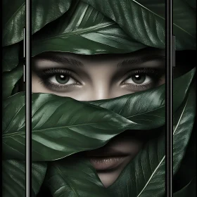 Surreal Nature-Themed Art with Woman's Face and Green Leaves