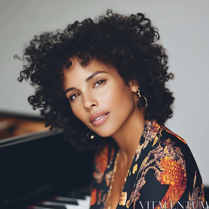 Graceful Woman Sitting by Piano in Stylish Outfit AI Image