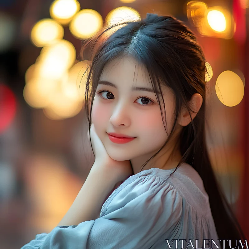 Dreamy Young Woman Portrait with Soft Bokeh Background AI Image