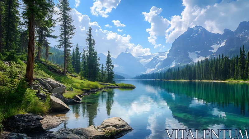 Tranquil Mountain Scene with Lake and Trees AI Image