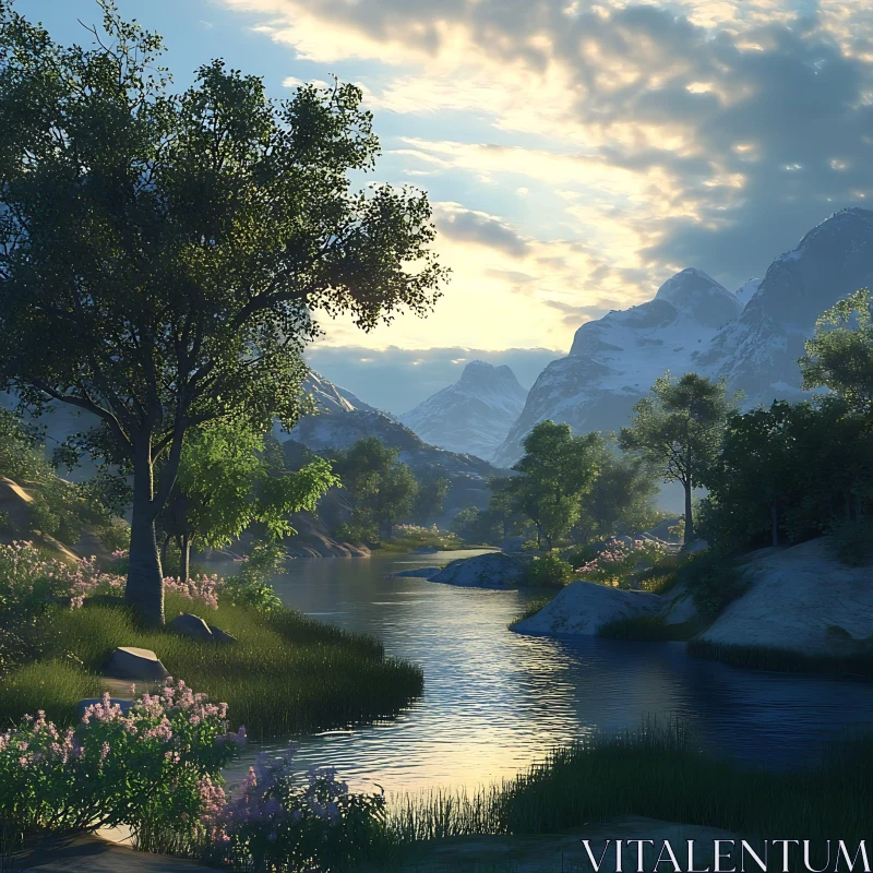 Peaceful River with Mountain View AI Image