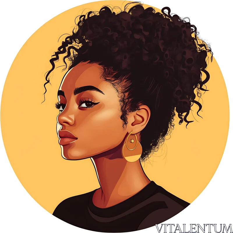 Illustrated Woman with Curly Hair and Gold Earrings AI Image