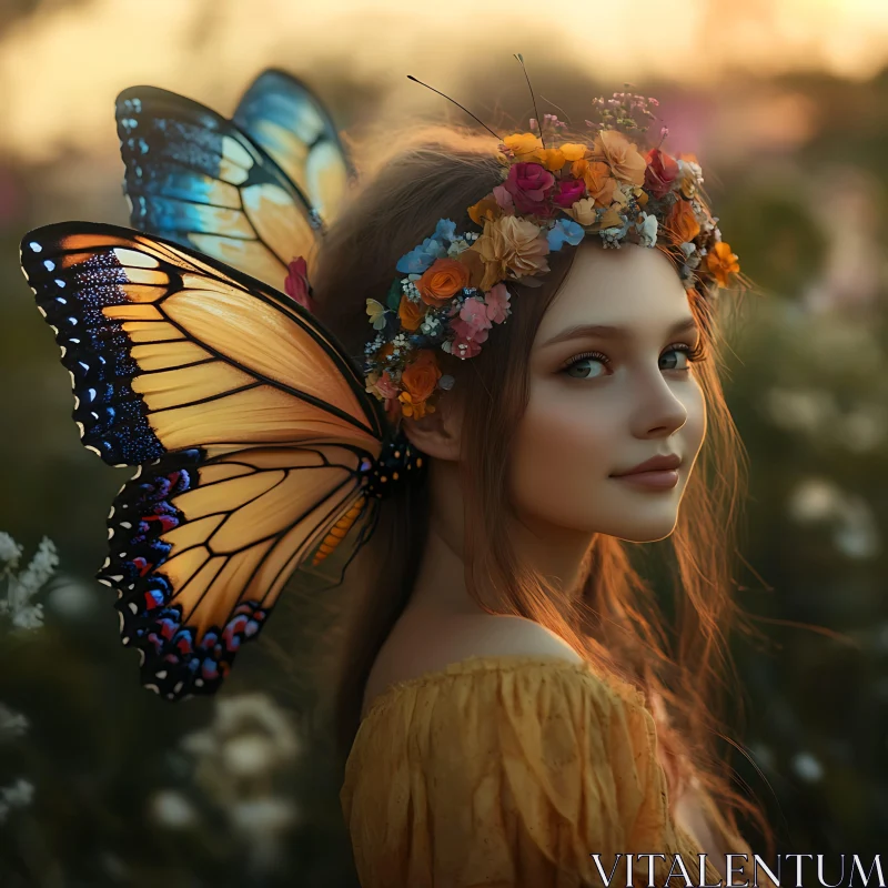 Fairy-Like Woman with Butterfly Wings in Meadow AI Image