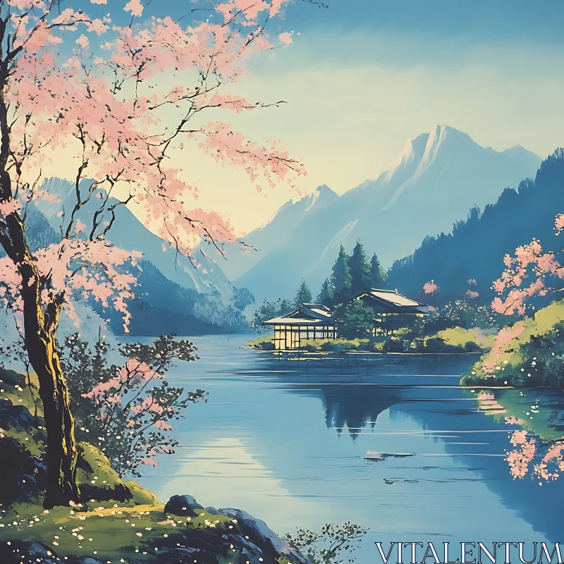 Serene Lake and Blossoming Cherry Trees with Mountain Backdrop AI Image