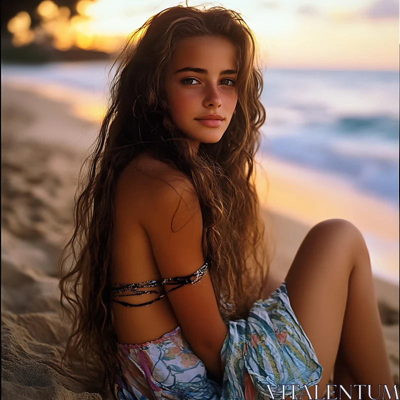 Tranquil Beach Sunset with a Woman AI Image