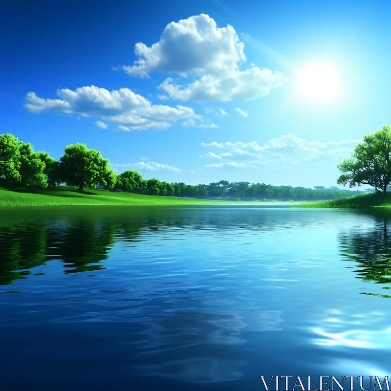 Peaceful Lakeside Landscape AI Image