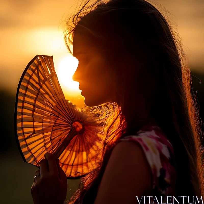 Woman Holding Fan at Sunset AI Image