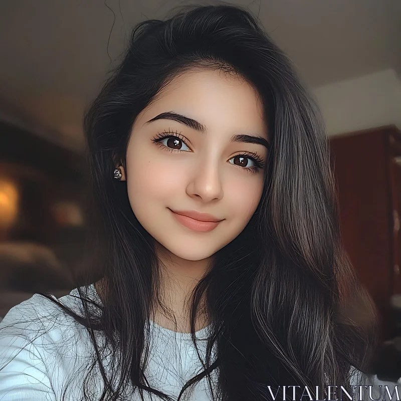 Smiling Young Woman with Beautiful Hair AI Image