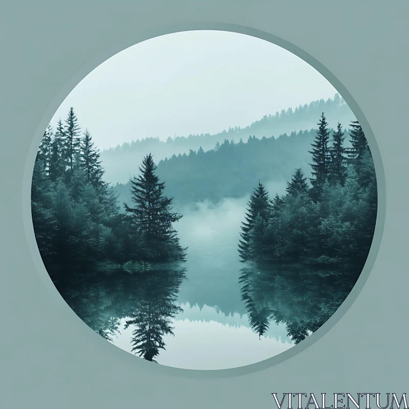 Tranquil Forest Reflection in Circular Frame AI Image