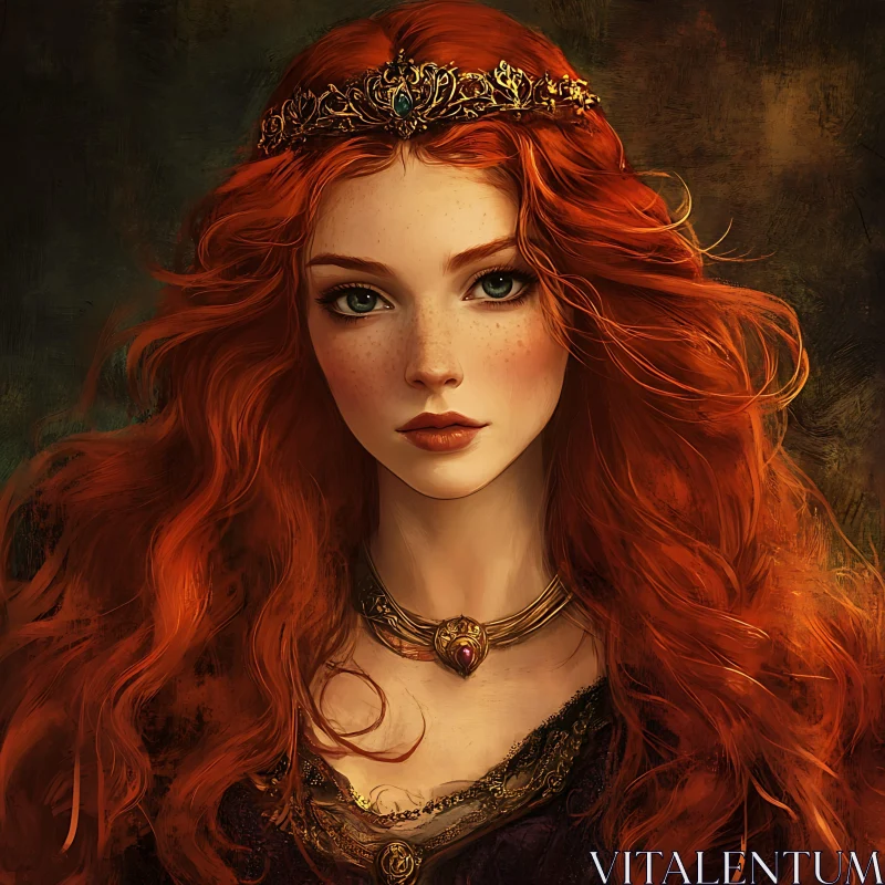 Fantasy Portrait of a Red-Haired Woman with Crown AI Image