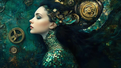 Ethereal Woman with Steampunk Gears and Emerald Scales