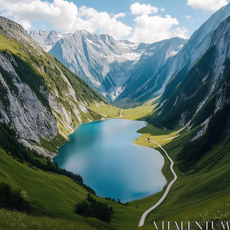 Peaceful Valley with Lake and Mountains AI Image