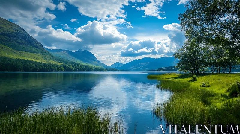 Scenic Lake with Mountain Reflection and Greenery AI Image