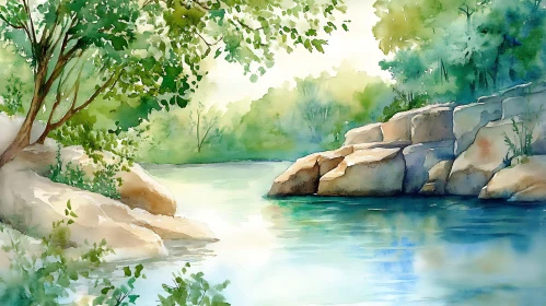 Peaceful Riverbank Watercolor Art