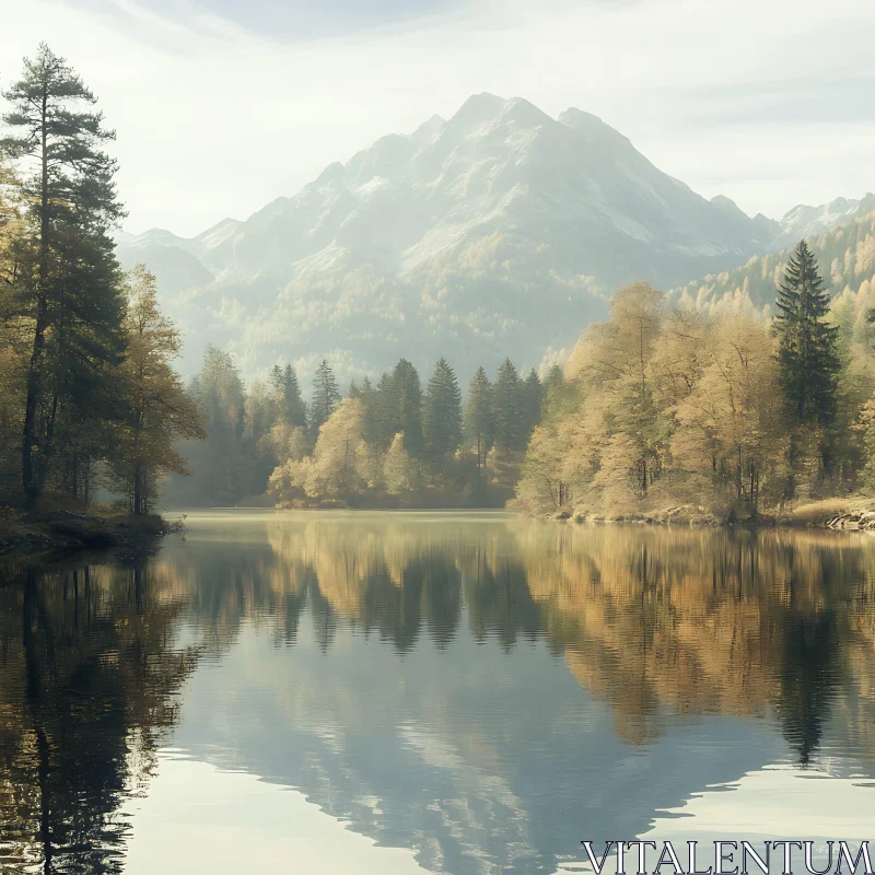 Tranquil Forested Lake at Dawn AI Image