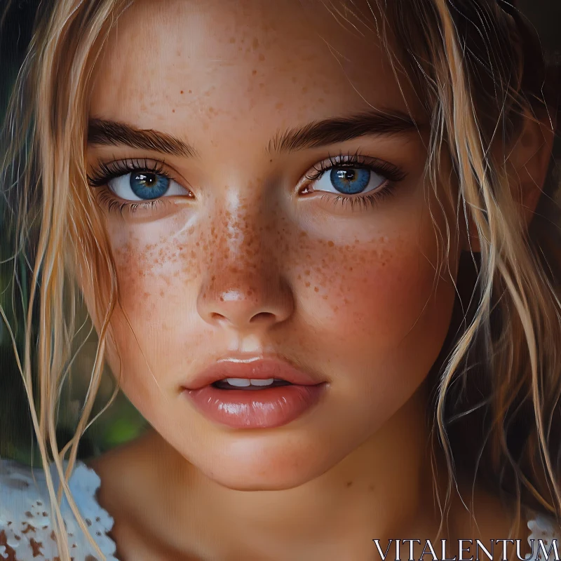 Young Woman with Freckles and Blue Eyes Close-Up AI Image