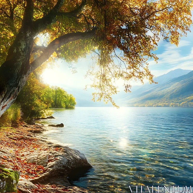 Peaceful Lake with Autumn Leaves and Sunlit Water AI Image