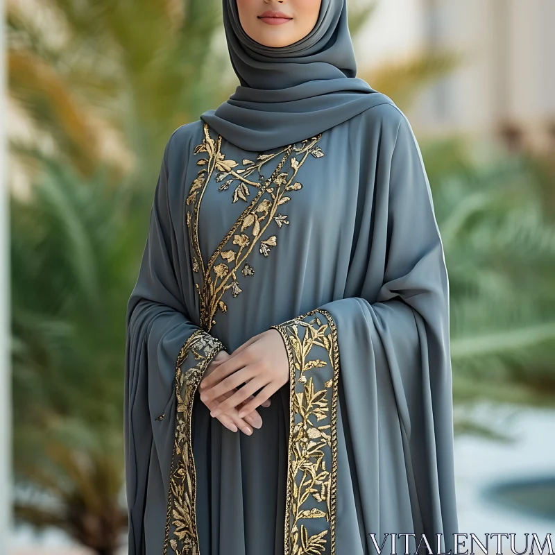 Modest Fashion: Blue and Gold Traditional Attire AI Image