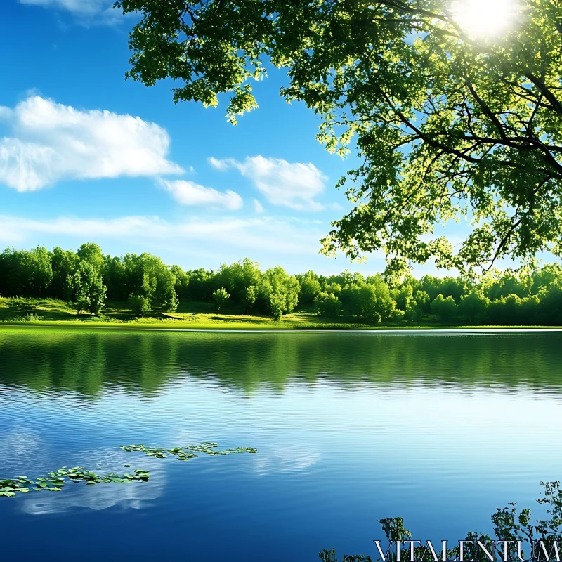 Peaceful Lake with Reflective Water and Trees AI Image