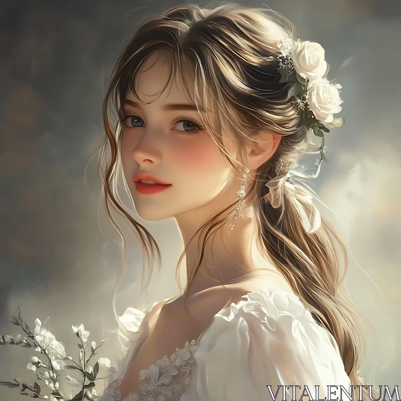 AI ART Graceful Female Portrait with Flowers