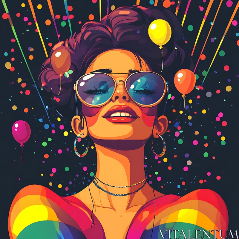 Colorful Pop Art Woman with Balloons and Sunglasses AI Image