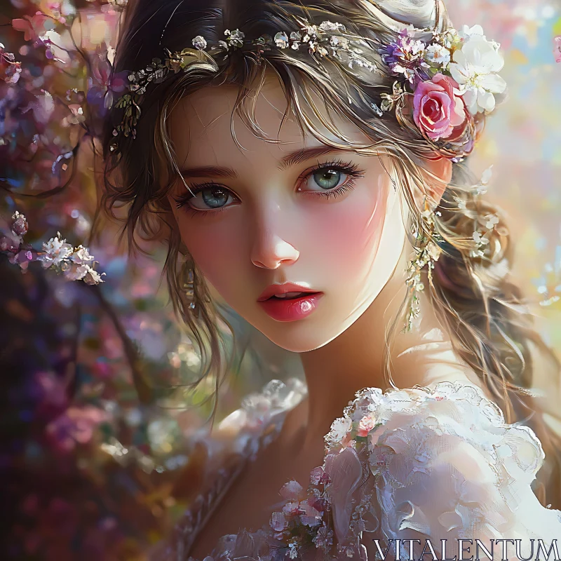 Delicate Floral Woman Portrait AI Image