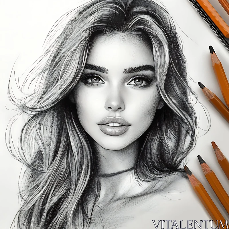 Detailed Realistic Woman's Portrait Sketch AI Image