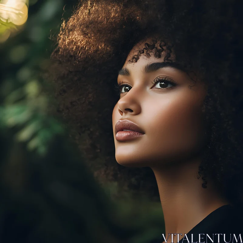 Thoughtful Woman in Nature with Curly Hair AI Image