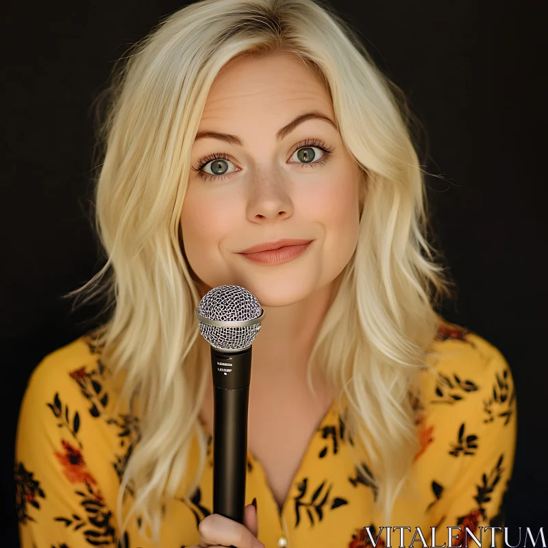 Woman Portrait with Microphone and Yellow Dress AI Image