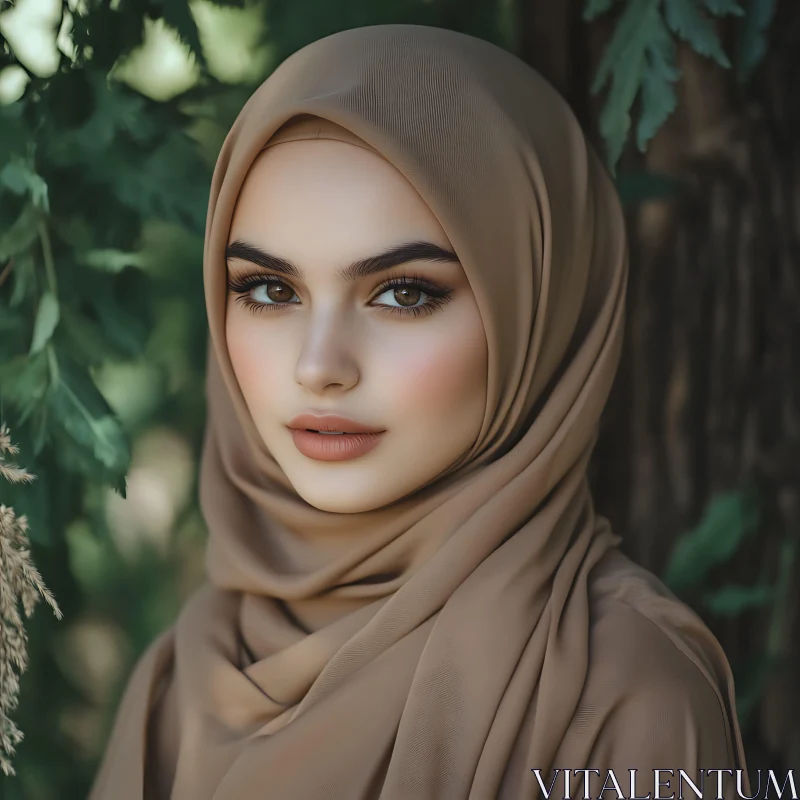 Graceful Hijab-Wearing Woman in Natural Setting AI Image