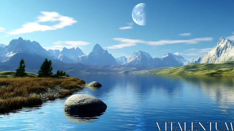 Tranquil Lake with Moon Over Mountains AI Image