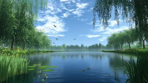 Tranquil Lake with Reflective Waters and Surrounding Greenery