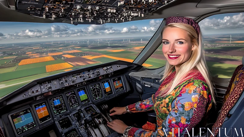 AI ART Airplane Cockpit with Female Pilot in Floral Attire