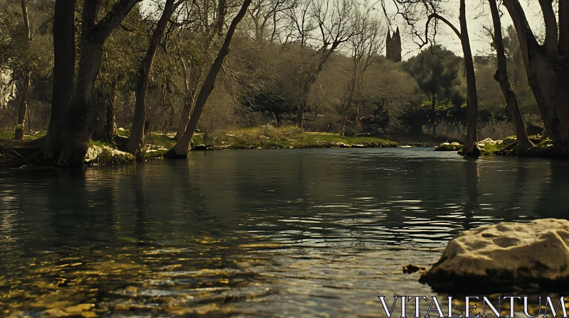 Tranquil River with Mysterious Background Building AI Image