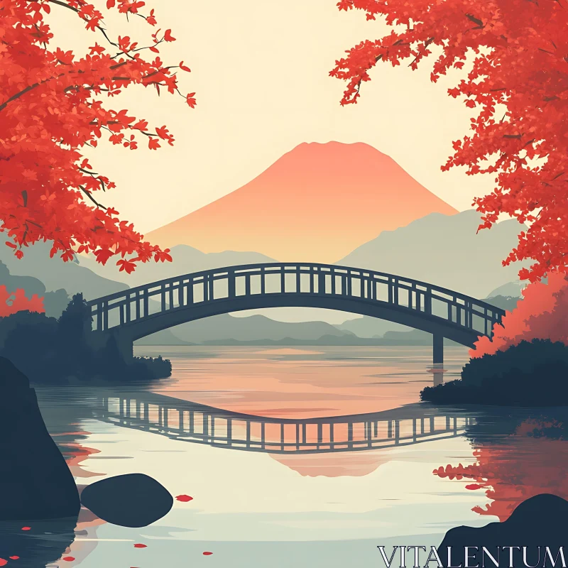 AI ART Peaceful Lake and Bridge with Autumn Foliage