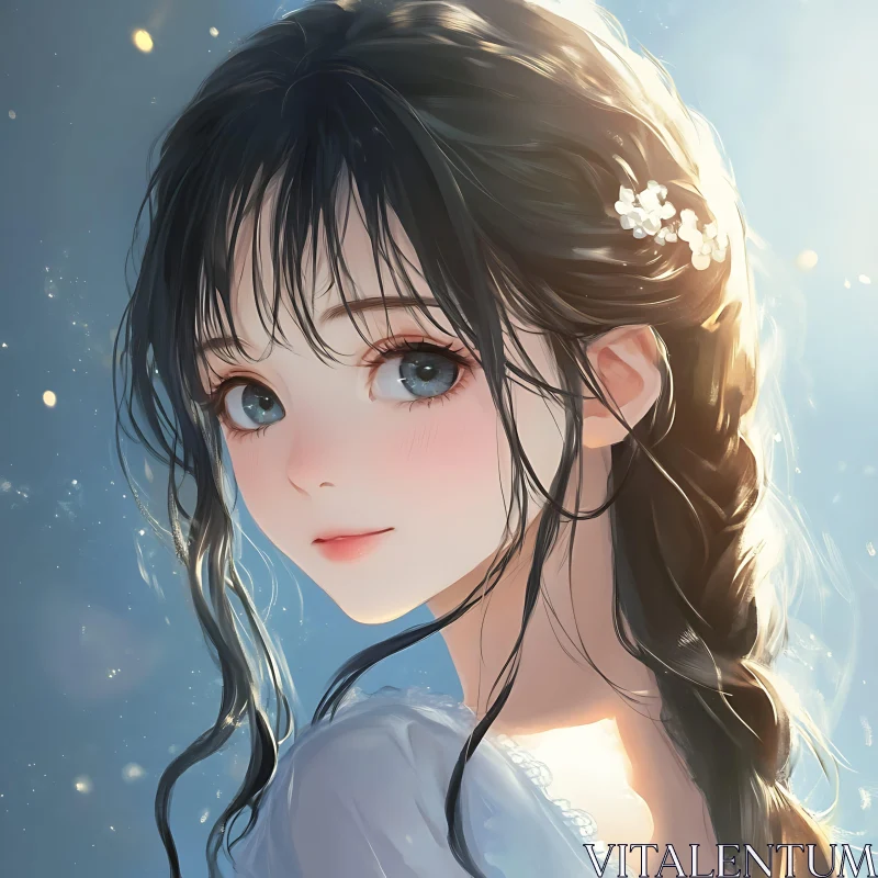 Magical Anime Girl with Blue Eyes and Floral Braid AI Image