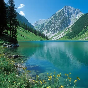 Mountain Lake with Clear Blue Water and Green Landscape